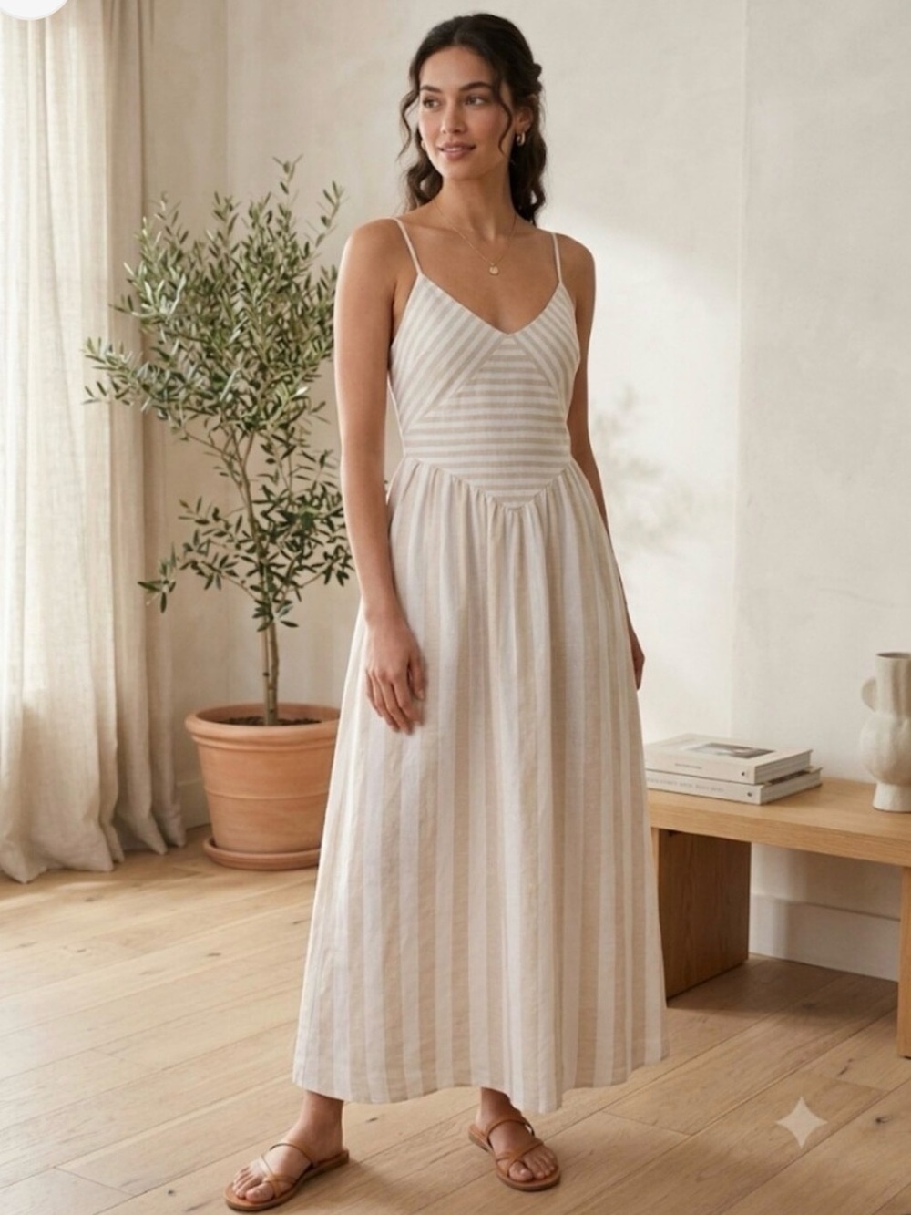 Torn by Ronny Kobo Striped Spaghetti‑Strap Midi Dress in Cream and White